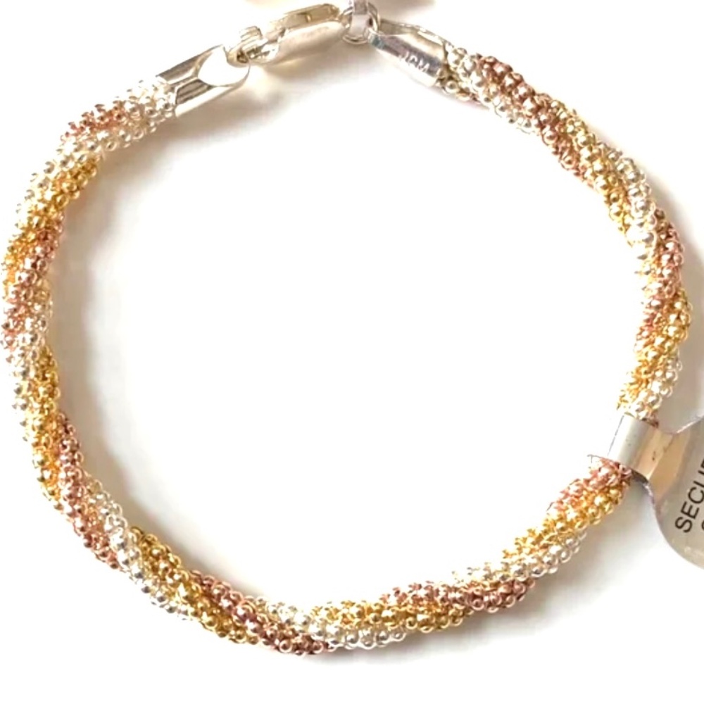 Sterling Silver Tricolor Twisted Beaded Chain Bracelet